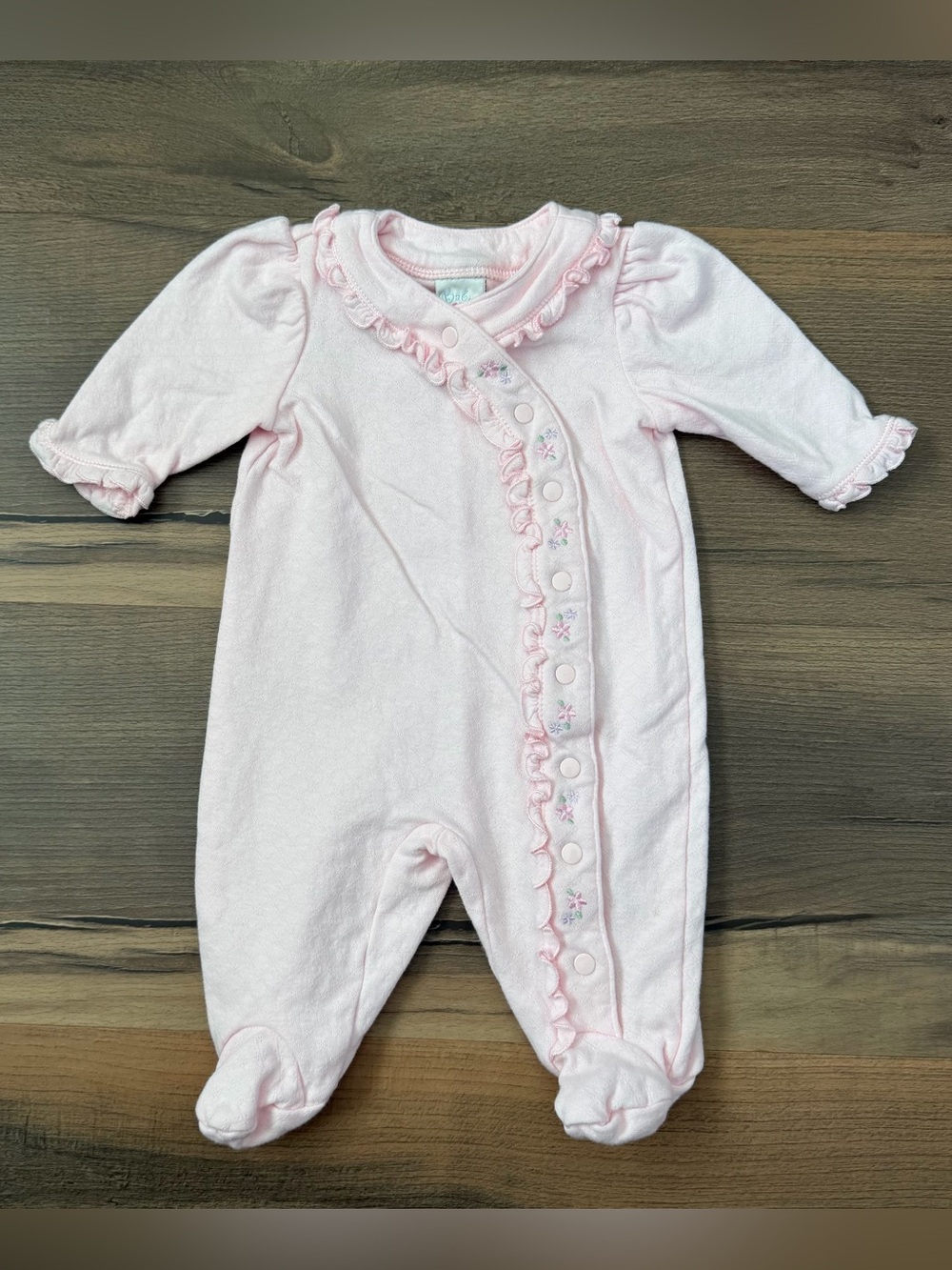 Vintage Y2K Baby Sprockets Embroidered Flower Pink Ruffle Footed Romper 0-3m